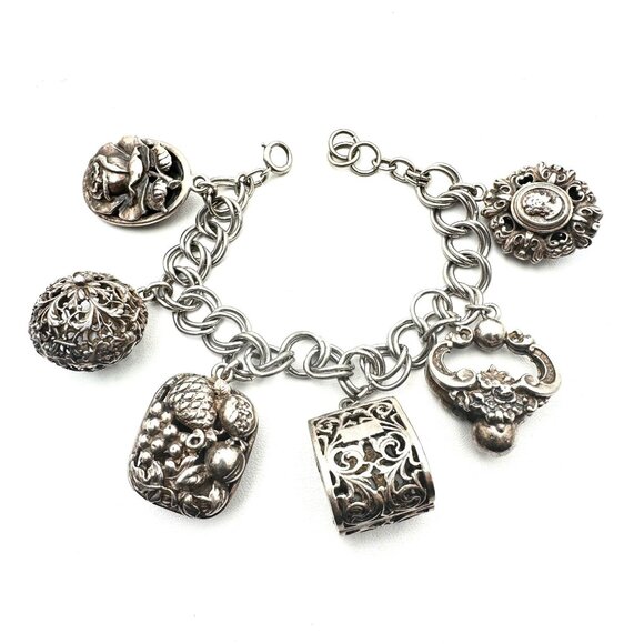 Antique Unsigned Peruzzi? Sterling Silver Charm Bracelet Unique Large Charms - Picture 1 of 10